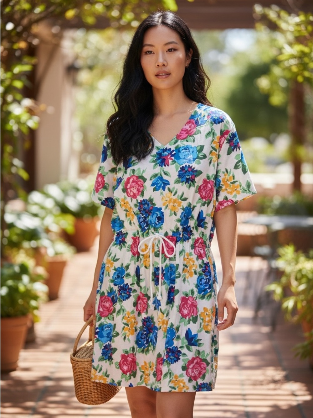 Style works floral waist, cinch dress, in large.